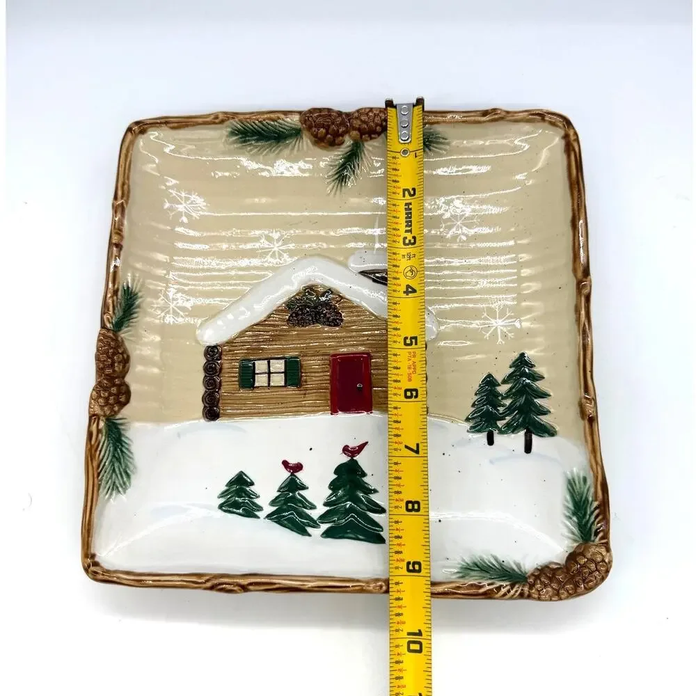 St. Nicholas Square Heartland Square Winter Log Cabin Salad Plate 9,25